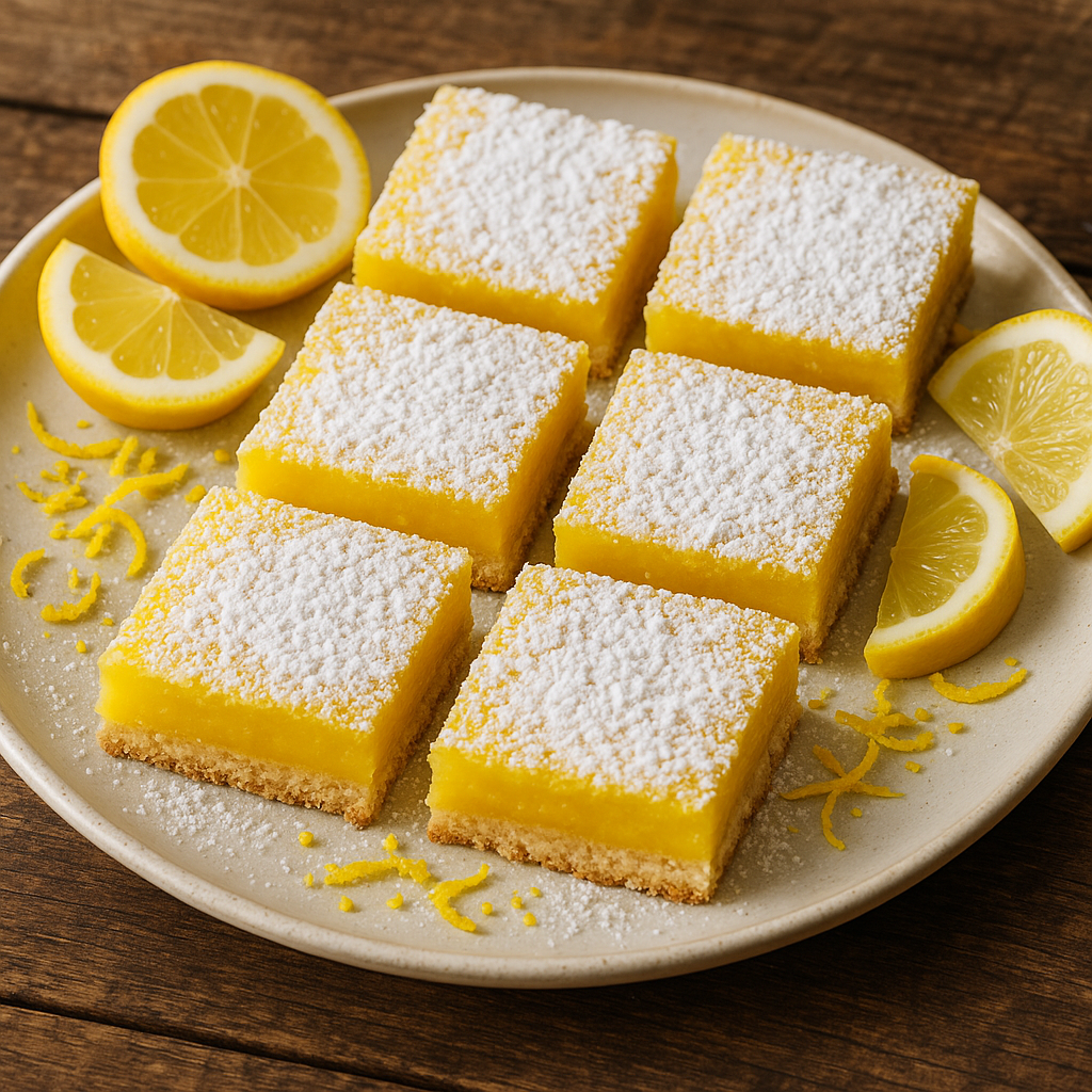Classic Lemon Bars Recipe A plate of lemon bars with powdered sugar, lemon slices, and zest on a rustic table.